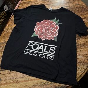 Foals concert  Black Tee with Pink Floral Graphic